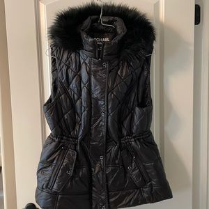 Michael Kors puffer vest with removable fur hood and cinched waist